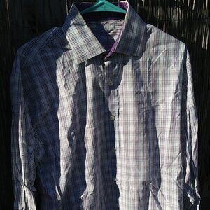English Laundry Men's Black Purple Blue Plaid Paisley Button Down - 15 - 34/35